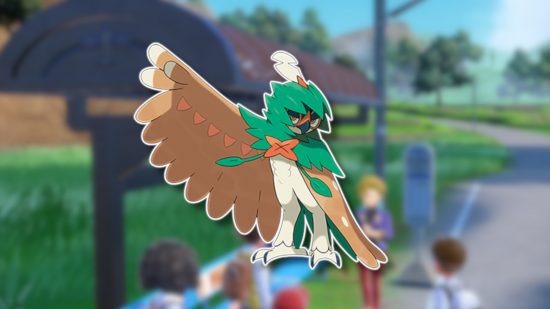 Bird Pokemon: Decidueye outlined in white and pasted on a blurred Kitakami screenshot