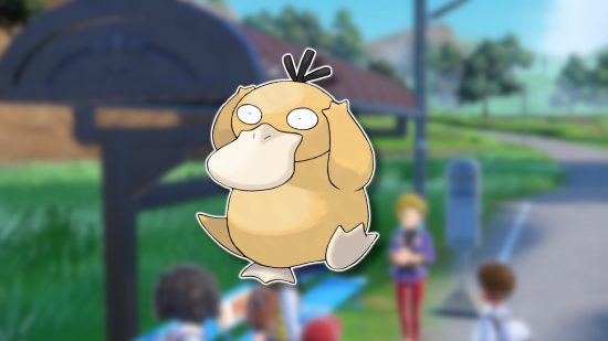 Bird Pokemon: Psyduck outlined in white and pasted on a blurred Kitakami screenshot