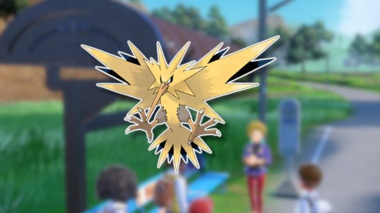Bird Pokemon: Zapdos outlined in white and pasted on a blurred Kitakami screenshot