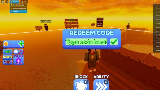 Kody Blade Ball: Zrzut ekranu przedstawiający ekran realizacji kodu w Blade Ball, pokazujący menu rozwijane dodatków w lewym górnym rogu