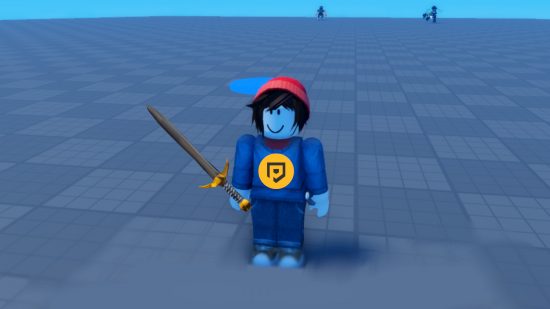 Blade Ball codes: A Roblox character wearing a Pocket Tactics shirt, holding a sword in the Blade Ball classic arena