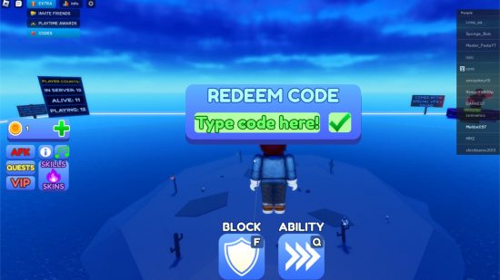 Blade Ball codes: A screenshot of the Blade Ball codes redemption screen
