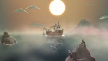 boat games: a screenshot from Dredge showing a boat on the ocean beneath a setting sun