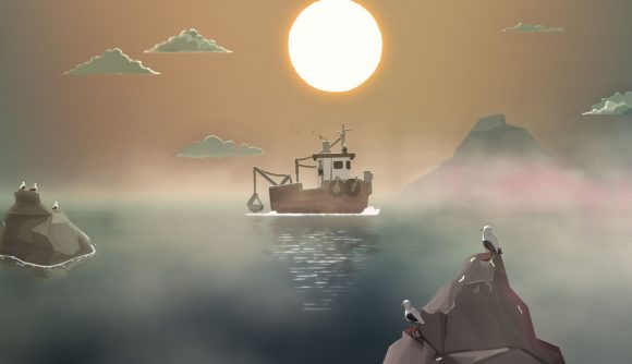 boat games: a screenshot from Dredge showing a boat on the ocean beneath a setting sun