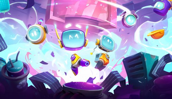 Boti Byteland Overclocked release date: Key art from Boti Byteland Overclocked showing tiny smiling robots in a pink/purple/blue color scheme