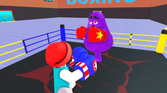 Boxing Clicker Simulator codes - a screenshot of a player fighting Grimace in the ring