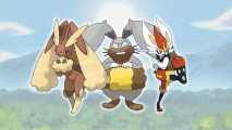 Three bunny Pokemon, Lopunny, Diggersby, and Cinderace in front of some woods