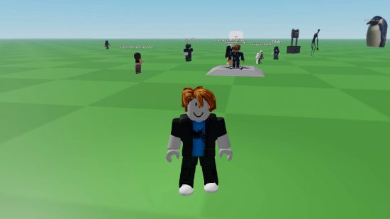 Catalog Avatar Creator codes: a Roblox avatar stands in a green field, surrounded by other players