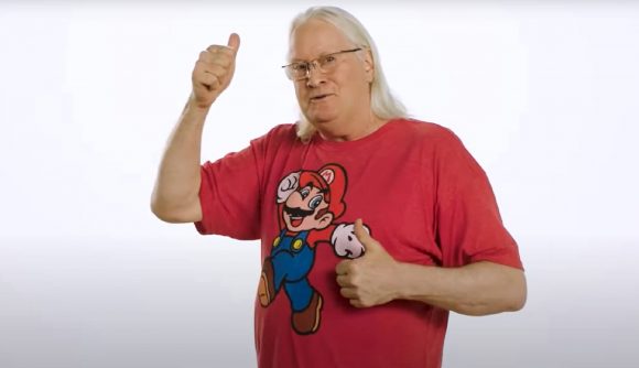 Charles Martinet special video message: Charles Martinet gives an enthusiastic thumbs up, while wearing a t-shirt with Mario on the front