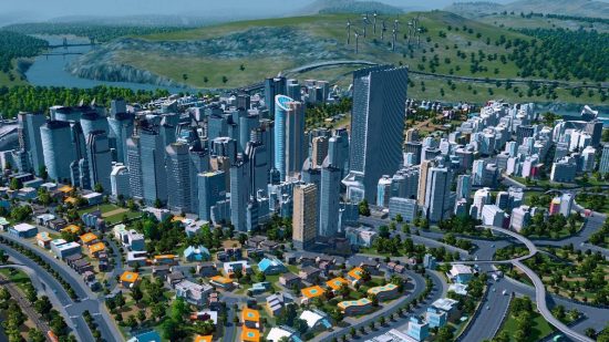 City Builder games: a screenshot from Cities Skylines shows a series of skyscrapers