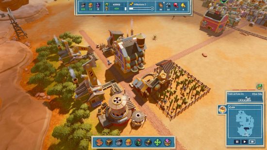 City Builder games: a screenshot from Steamworld Build shows a desert level with several buildings and factories