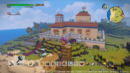 City builder games: A screenshot from Dragon Quest Builders 2 shows character overlooking a large buidling made of blocks