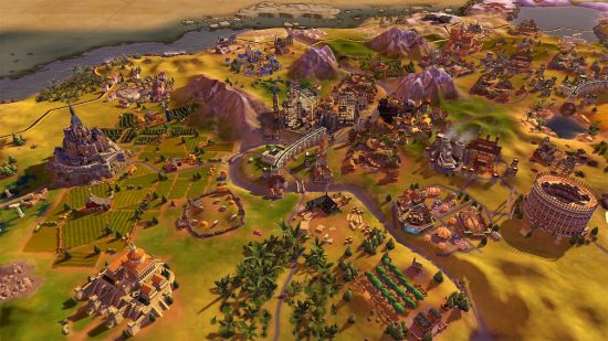 City builder games: a screenshot from Civilisation VI shows a large area filled with buildings and settlements