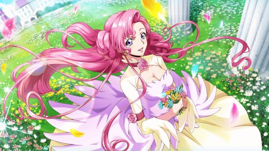 Code Geass: Lost Stories tier list: A pink-haired character in a flowing dress in a garden