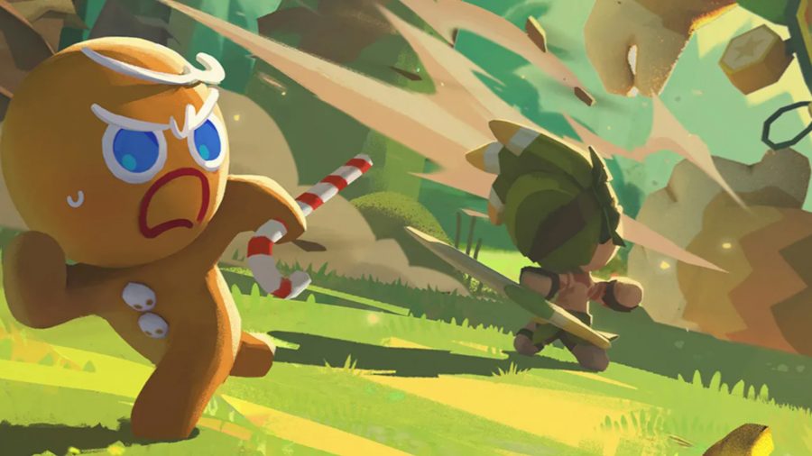 Cookie Run: Tower of Adventures hero image featuring GingerBrave running from a big monster