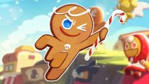 Cookie Run: Tower of Adventures release date: GingerBrave, a cartoon gingerbread man with a candy cane in his hand, winking at the camera. He is outlined in white and pasted on a blurred image from the Tower of Adventures website.
