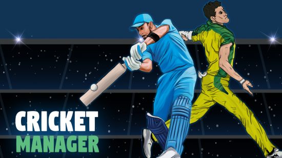 Cricket games: Key art from Wicket Cricket Manager featuring a cartoon man in blue batting and another cartoon man in yellow and green bowling