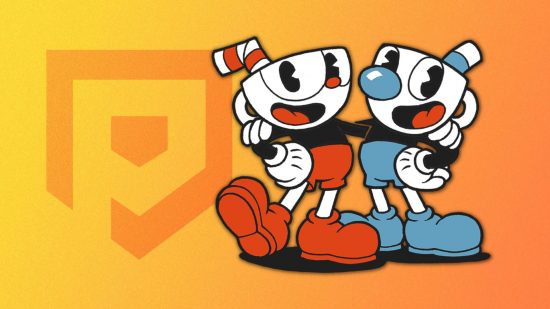 cuphead show: Cuphead and Mugman with their arms around each other on an orange background