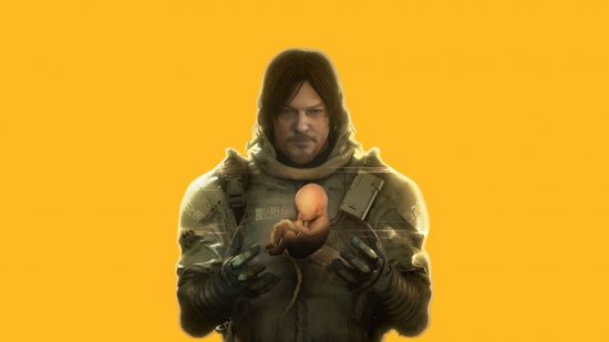 Death Stranding iPhone header showing a man holding a baby on a mango yellow background. He has bad facial hair and long head hair and is wearing a sort of space sewer maintenance suit.