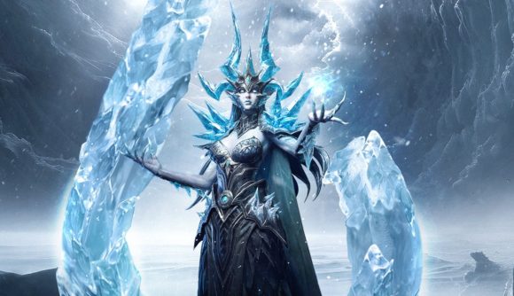Dragonheir Silent Gods codes: An ice queen character from the game doing magic in a desolate frozen wasteland