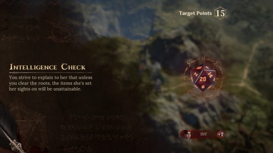 Dragonheir Silent Gods review: A screenshot showing an intelligence check featuring a red and gold D20 dice