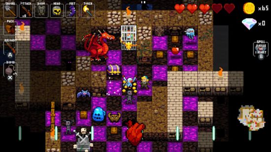 A busy stage in dungeon crawler games Crypt of the Necrodancer featuring pixelated characters and dragons