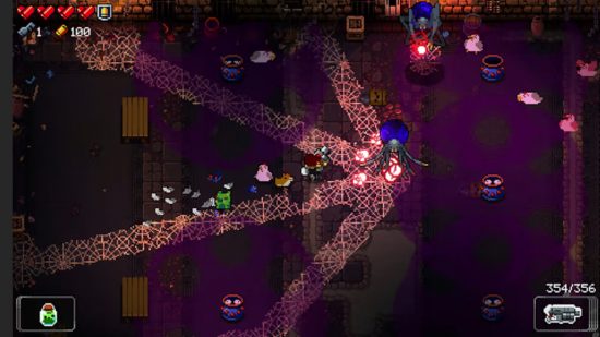 dungeon crawler games Enter the Gungeon: a stage with an enemy firing cobwebs out