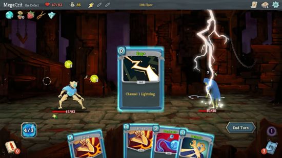 dungeon crawler games: a battle in Slay the Spire with two enemies and cards on the screen