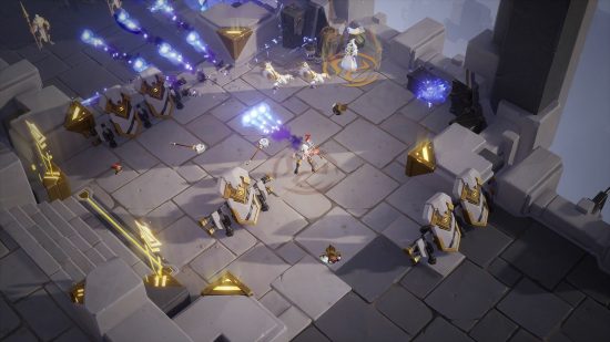 dungeon crawler games torchlight Infinite: combat between a character and monsters on a stone building