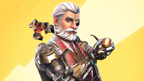 Farlight 84 codes: A man with grey hair and an eye patch smoking a pipe using his robot arm on a yellow background