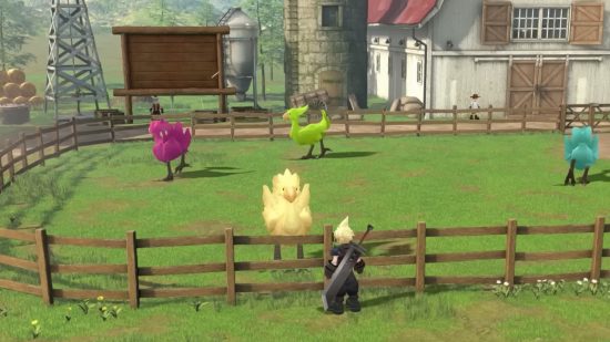 Final Fantasy Ever Crisis chocobo stables with a pink, yellow, green, and blue chocobo inside