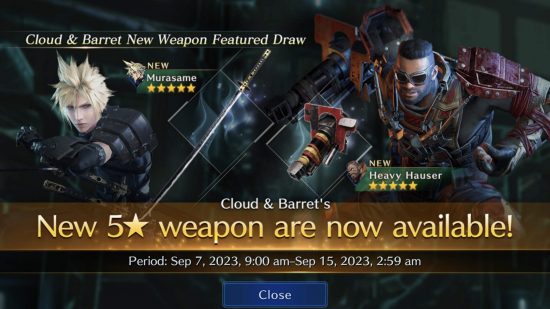 Final Fantasy Ever Crisis review - a gacha banner showing Cloud and Barret with the Murasame sword and Heavy Hauser gun