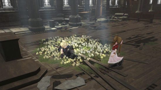 Final Fantasy Ever Crisis review - Cloud sitting in a field of flowers with Aerith looking down at him