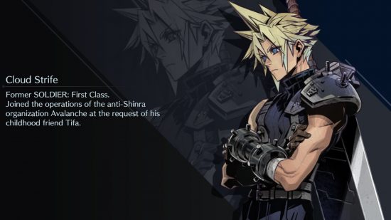 Lista poziomów w Final Fantasy Ever Crisis – Cloud ze skrzyżowanymi rękami na czarno-szarym tle