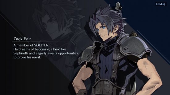 Final Fantasy Ever Crisis tier list - Zack looking off to the left against a black and grey background