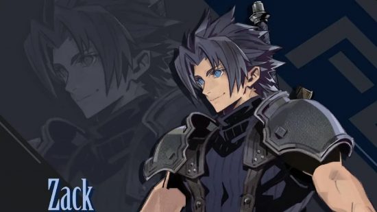 Lista poziomów w Final Fantasy Ever Crisis – Zack patrzący w lewo na czarno-szarym tle
