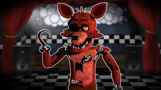 FNAF Foxy holding up his hook in front of a stage scene