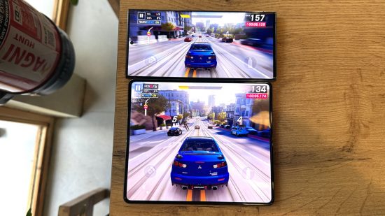 Samsung Galaxy Z Fold 4 Review - two phones next to each other, with the Galaxy Z Fold 4 at the bottom. Both show a car game on the screen