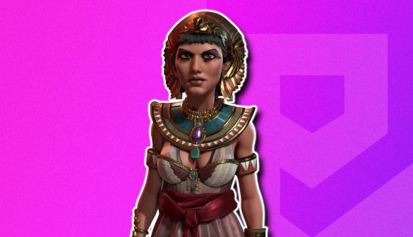 Games like Age of Empires: Cleopatra from Civilization VI outlined in white and pasted on a purple PT background
