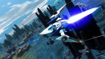 Games like Starfield: a spaceship flies across a planet