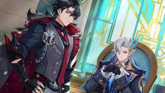 Genshin Impact events: Key art of Wriothesley standing next to Neuvilette who is in an ornate chair with his hands clasped in front of him