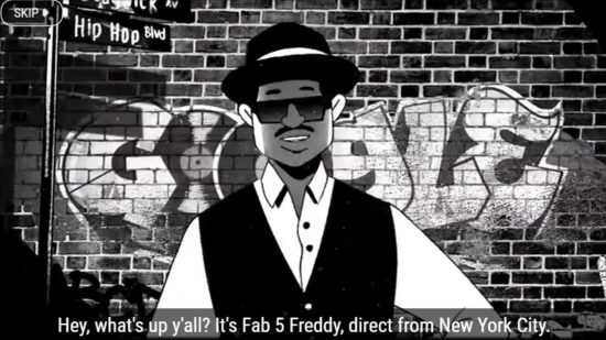 A screenshot of Fab 5 Freddy taken from the 44th Anniversary of the Birth of Hip Hop Google Doodle game
