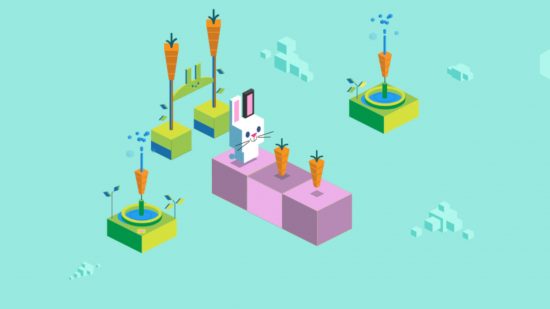 A screenshot of the Celebrating 50 Years of Kids Coding Google Doodle showing a blocky bunny on a platform with two carrots