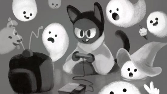 Artwork of a cat playing a game as ghosts watch in the Halloween 2016 Google Doodle game