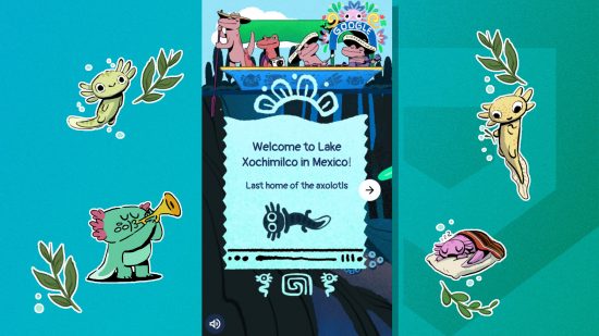A screenshot of the Google Doodle celebrating Lake Xochimilco Google Doodle game, showing axolotols floating around it