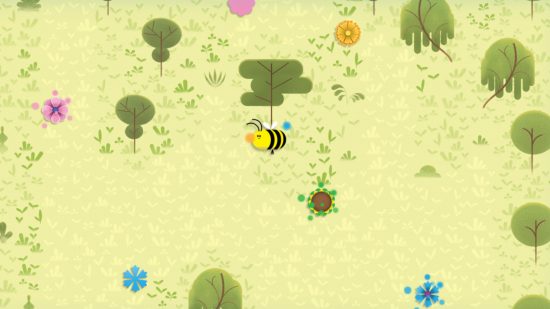 A screenshot of the Earth Day 2020 Google Doodle game showing a bee flying around some flowers