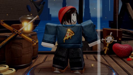 Haze Piece codes - an avatar in a pizza jumper on a deck with treasure