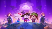 Hello Kitty Island Adventure Halloween: Zoomed-in key art for the Hello Kitty Island Adventure Halloween event, centering Kuromi in her witch outfit, Hello Kitty, and a generic brown dog player character. In the purple background you can see the silhouettes of Berry and Cherry flying in the sky
