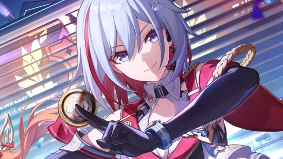 Honkai Star Rail update 1.4 - Topaz holding a coin between two fingers and smiling