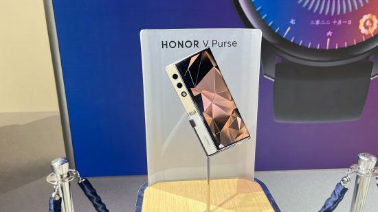 An image of the Honor V Purse phone against a blue background